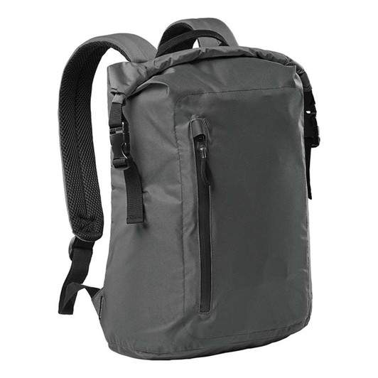 A grey roll-top backpack with adjustable straps and a front zip pocket, featuring a logo on the side.