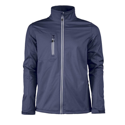 A men's softshell jacket in navy blue with a front zip, featuring a chest pocket and a logo.