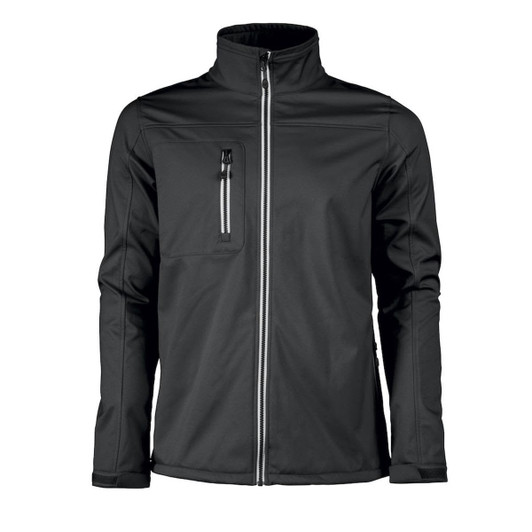 A men's softshell jacket in black with a zippered front and a chest pocket, featuring a logo.