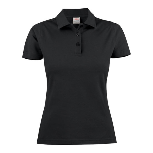 A black women's cotton polo shirt featuring a collared neckline and three buttons, with a logo on the label.