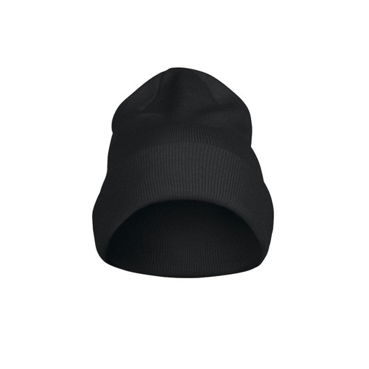 A black beanie featuring a ribbed design, showcasing a simple, fold-over style and has a logo.