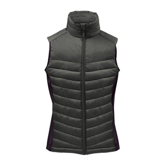 A thermal vest in dark green with a high collar and quilted design, featuring side panels in a contrasting colour.