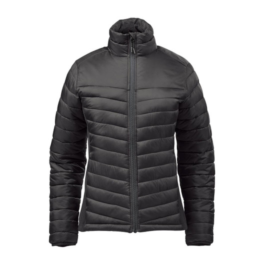 A women's thermal jacket in black, featuring a zip front and a stylish chevron design. It has a high neck and a branding logo.