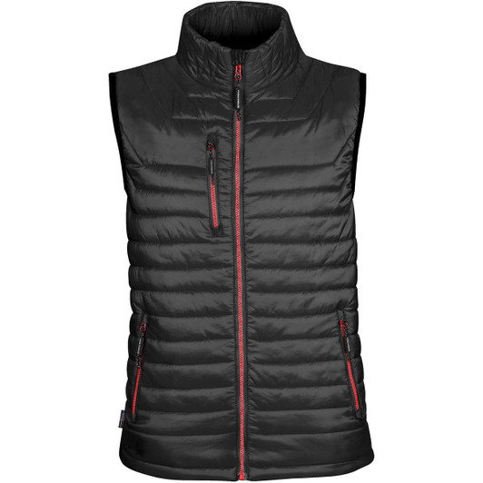 A black men's thermal vest with a high collar, featuring multiple zippered pockets and red accents.