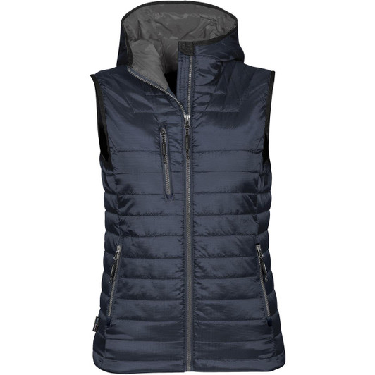 A dark navy women's thermal vest featuring a hood, zippered front, and side pockets. It has a smooth, shiny finish and includes a logo.