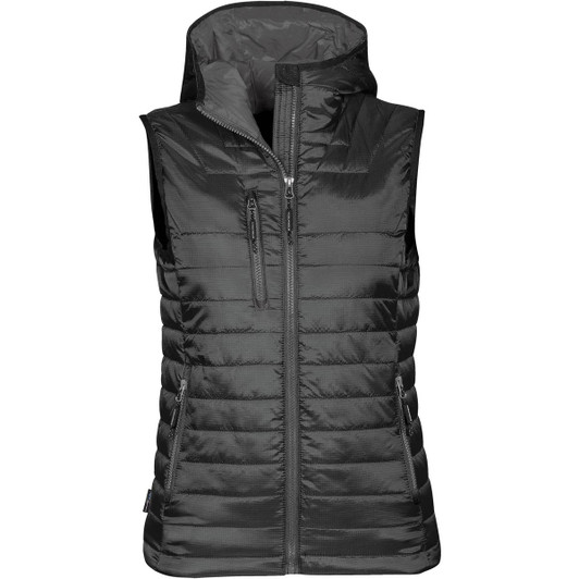A black women's thermal vest with a hood and multiple zippered pockets. It features a sleek, quilted design and has a logo.