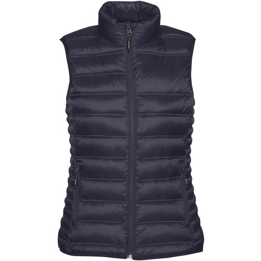A women's thermal vest in dark navy, featuring a high collar and zippered front, with two side pockets.