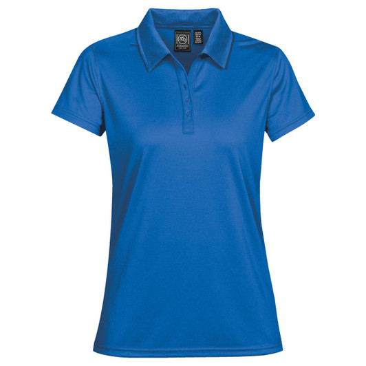 A women's polo shirt in a vibrant blue colour, featuring a collar and a branded tag.