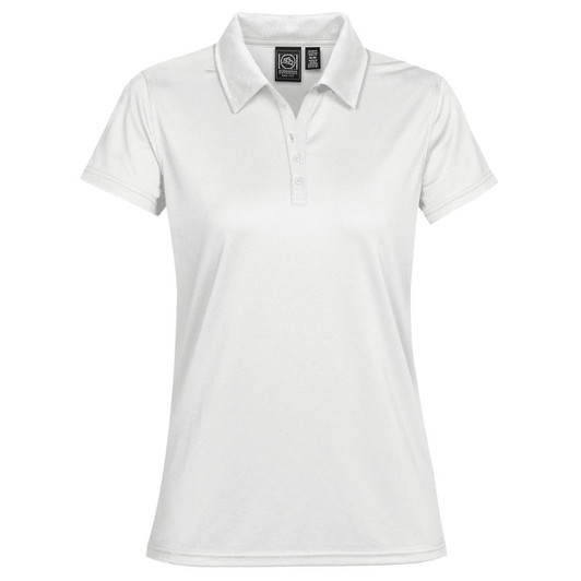 A white women's polo shirt featuring a classic collar and a logo on the chest.