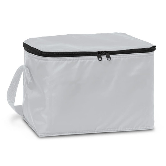 A white insulated cooler bag with a zipper closure and a carrying strap. It features a logo on the side.