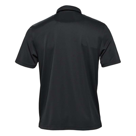 A black men's polo shirt with a classic collar and short sleeves, featuring a logo on the chest.