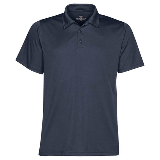 A dark navy polo shirt with a standard collar and three buttons, featuring a logo.