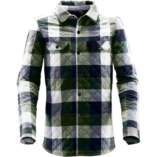 A men's shacket in a green and white checkered pattern with long sleeves and a branding logo.