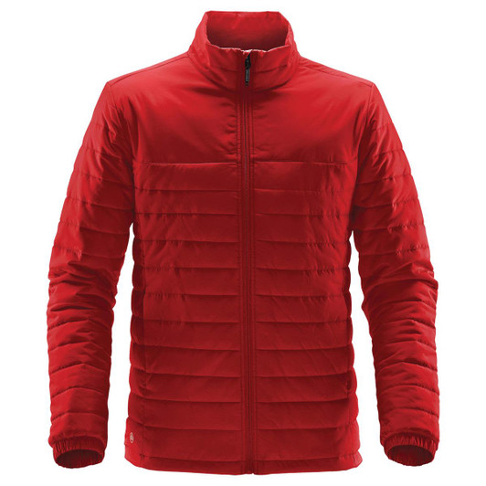 A red quilted jacket featuring a zip front and standing collar, with a logo on the front.