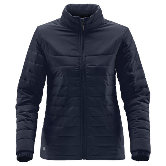 A women's quilted jacket in navy blue with a zippered front and a high collar, featuring a logo on the lower hem.