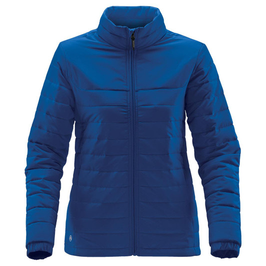 A blue women's quilted jacket featuring a zip front and stand-up collar, with a logo on the side.
