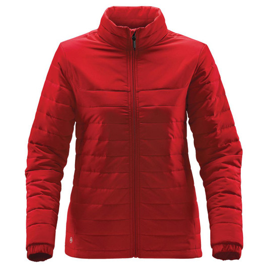 A red women's quilted jacket with a zip front and high collar, featuring a logo on the chest.