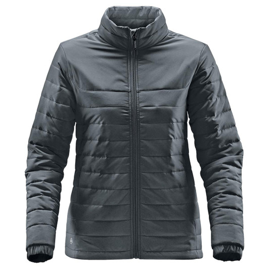 A women's quilted jacket in dark grey with a zip front and stand-up collar. It features a branding logo.