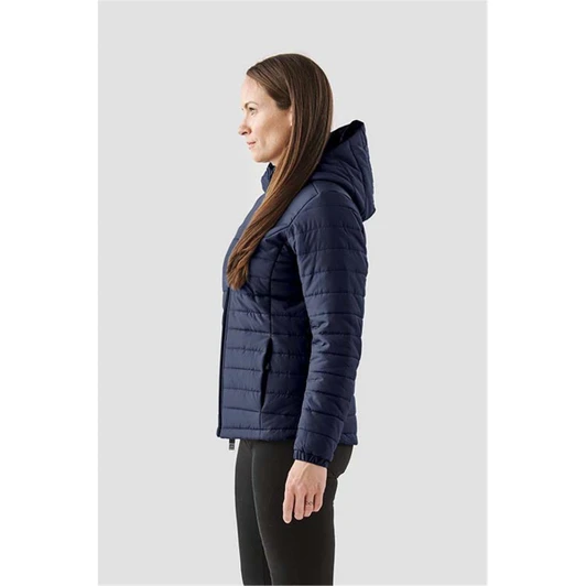 A women's navy quilted hoody with a hood, displayed from the side, featuring a branded logo.