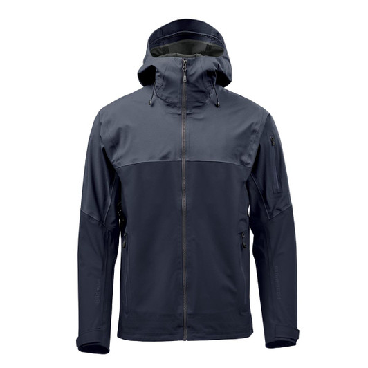 A dark grey rain jacket with a hood, featuring zippered pockets and a sleek design. It has a branding logo on it.