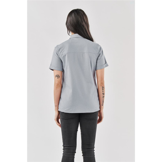 A women's button-up shirt in light grey, featuring short sleeves and a subtle logo on the back.