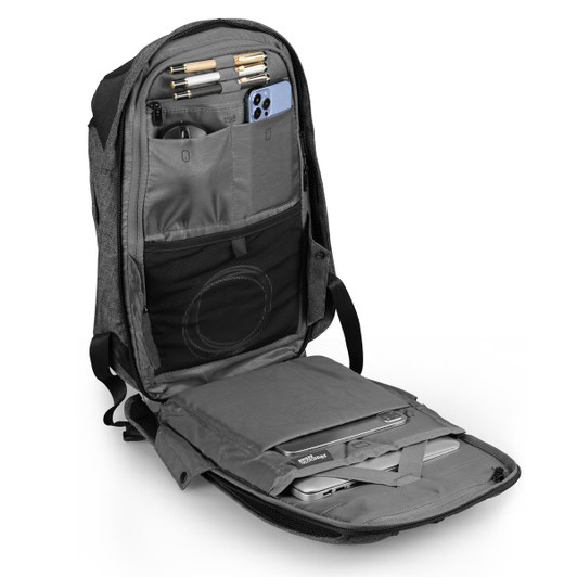 A grey backpack with multiple compartments, including space for a laptop and pockets for pens and a phone.
