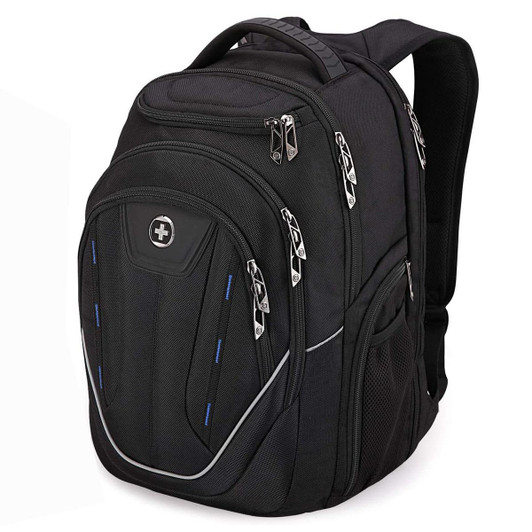 A black Swissdigital Terabyte Backpack features multiple zippers and compartments, with a logo on the front.
