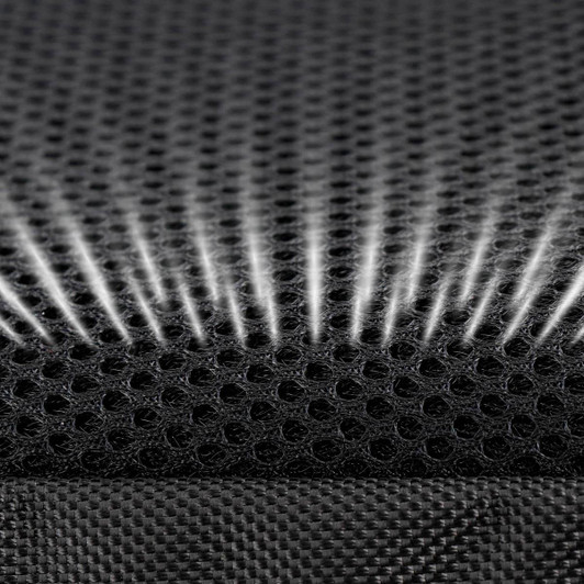 A close-up view of a textured black fabric featuring a mesh pattern, ideal for backpacks.