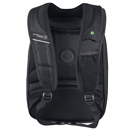 A black Swissdigital Terabyte Backpack featuring padded straps and multiple compartments, with a logo on the front.