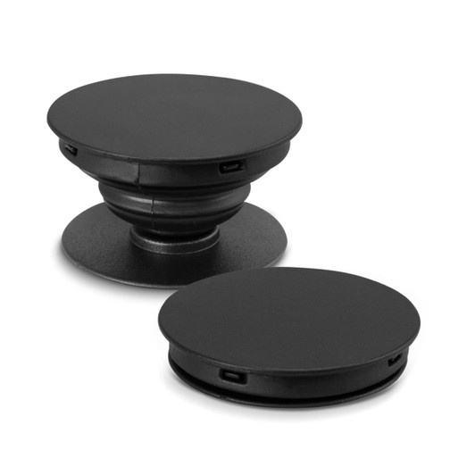 A black phone grip with a collapsible design, featuring a sleek circular shape and a small base.