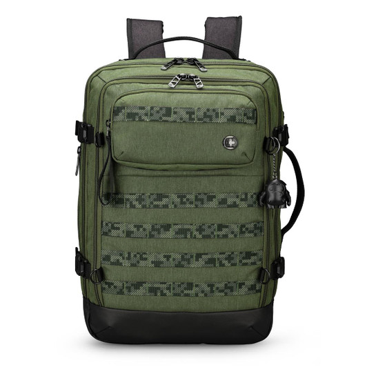 A green Swissdigital Berg XL Backpack with multiple pockets, straps, and a logo on the front.