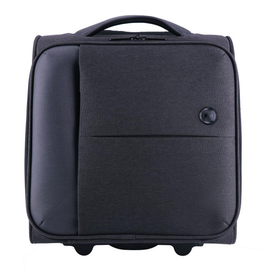 A wheeled underseat luggage in dark grey with a front pocket and a handle. Features a logo on the side.