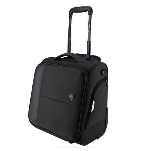 A wheeled underseat luggage bag in black with a telescopic handle and a logo. Features a zippered compartment.