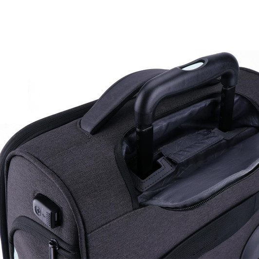 A wheeled underseat luggage bag in grey with a telescopic handle and exterior branding.