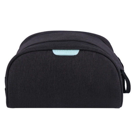 A black toiletry bag with a rounded shape, featuring a small handle and a logo on the front.