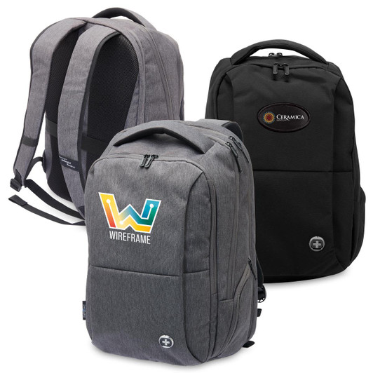 Three backpacks in various styles: one grey with a colourful logo, a plain black, and another grey with a logo.