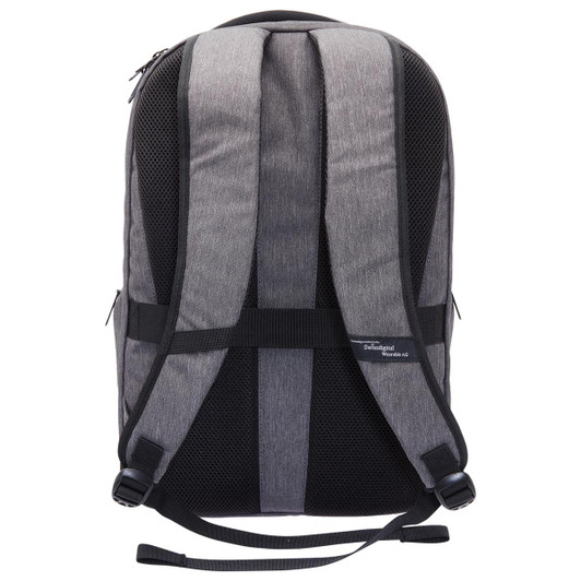 A grey Swissdigital Commander Backpack featuring padded, breathable straps and a sleek design.
