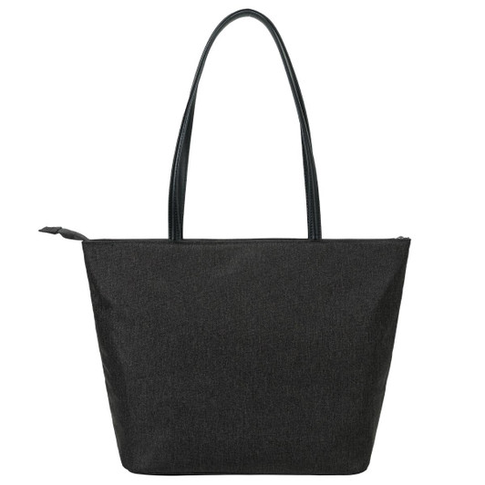 A dark grey tote bag with two handles and a zip closure, featuring a branded logo.