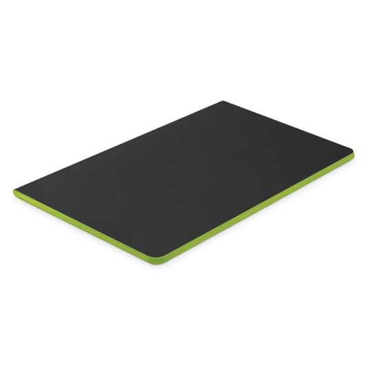 A black notebook with a green edge, featuring a smooth surface and a sleek design. It has a logo on the cover.