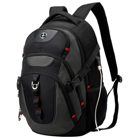 A black and grey backpack with red accents and a logo, featuring multiple compartments and a side pocket.