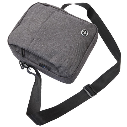A grey shoulder bag with a shoulder strap and a logo, featuring a zippered compartment.