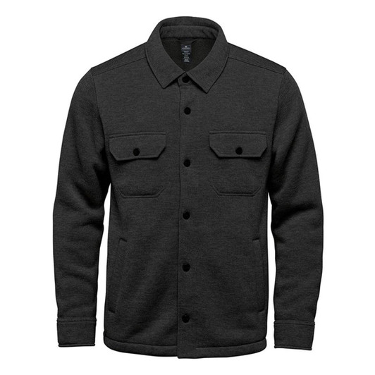 A dark grey unisex fleece shacket featuring a button-up front and two chest pockets, with a logo on the front.