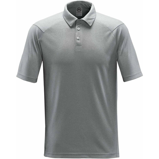 A grey heathered polo shirt with a buttoned collar and shoulder panel design, featuring a logo.