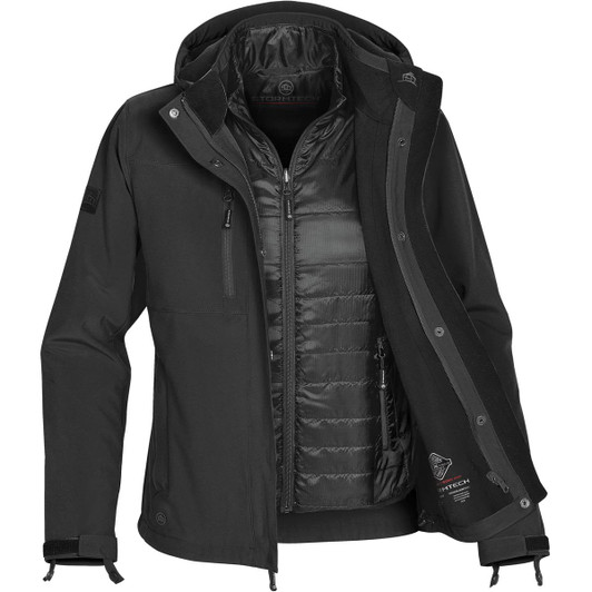 A black women's jacket featuring a 3-in-1 design with a removable inner layer and a logo on the sleeve.