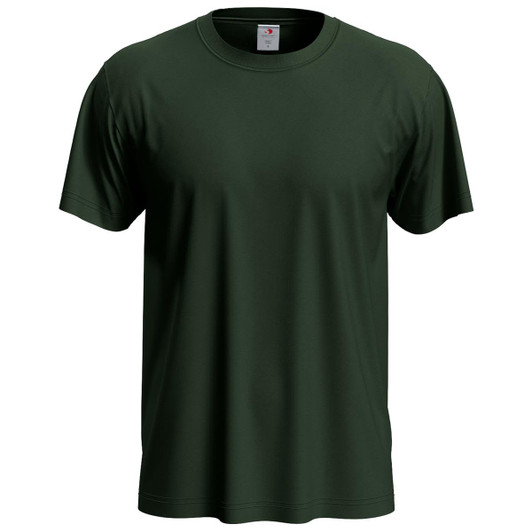 A dark green men's classic T-shirt with short sleeves and a round neckline, featuring a branded tag.