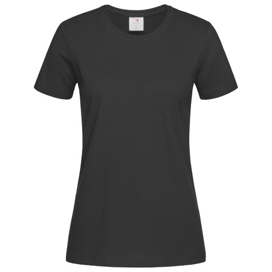 A women's heavyweight comfort T-shirt in black with a classic crew neck design and a logo on the label.