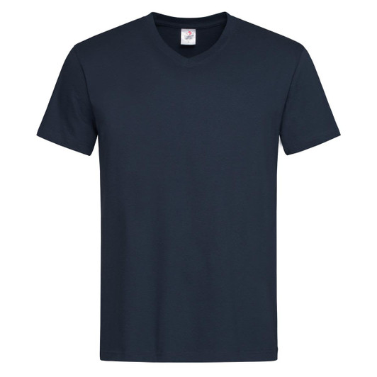 A navy blue men's classic V-neck T-shirt with short sleeves. The shirt features a label and has a simple design.