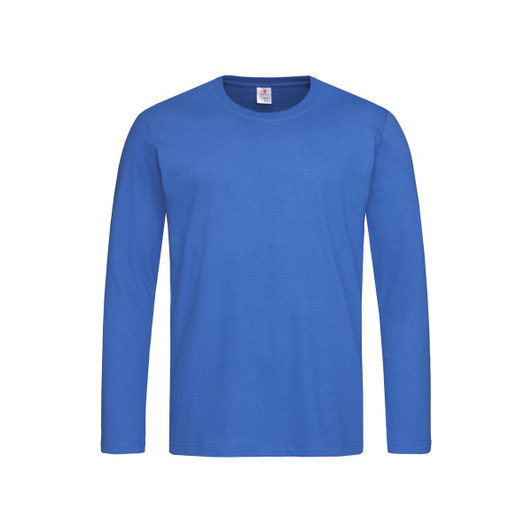 A blue long-sleeve t-shirt with a round neckline and a logo on the label.