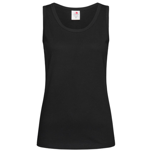 A black women's classic tank top with a sleeveless design and a logo at the neckline.