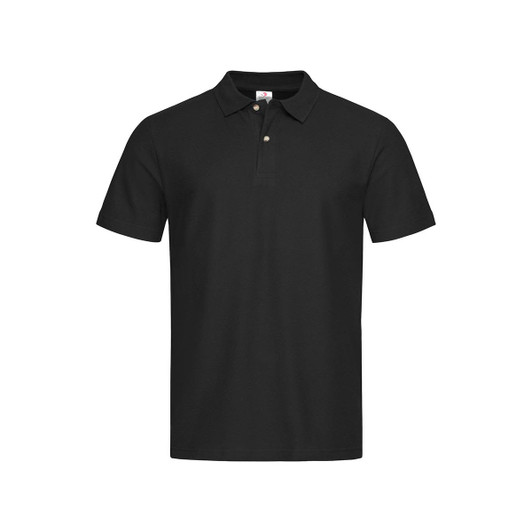 A black heavyweight polo shirt with a classic collar and three buttons, featuring a logo on the chest.